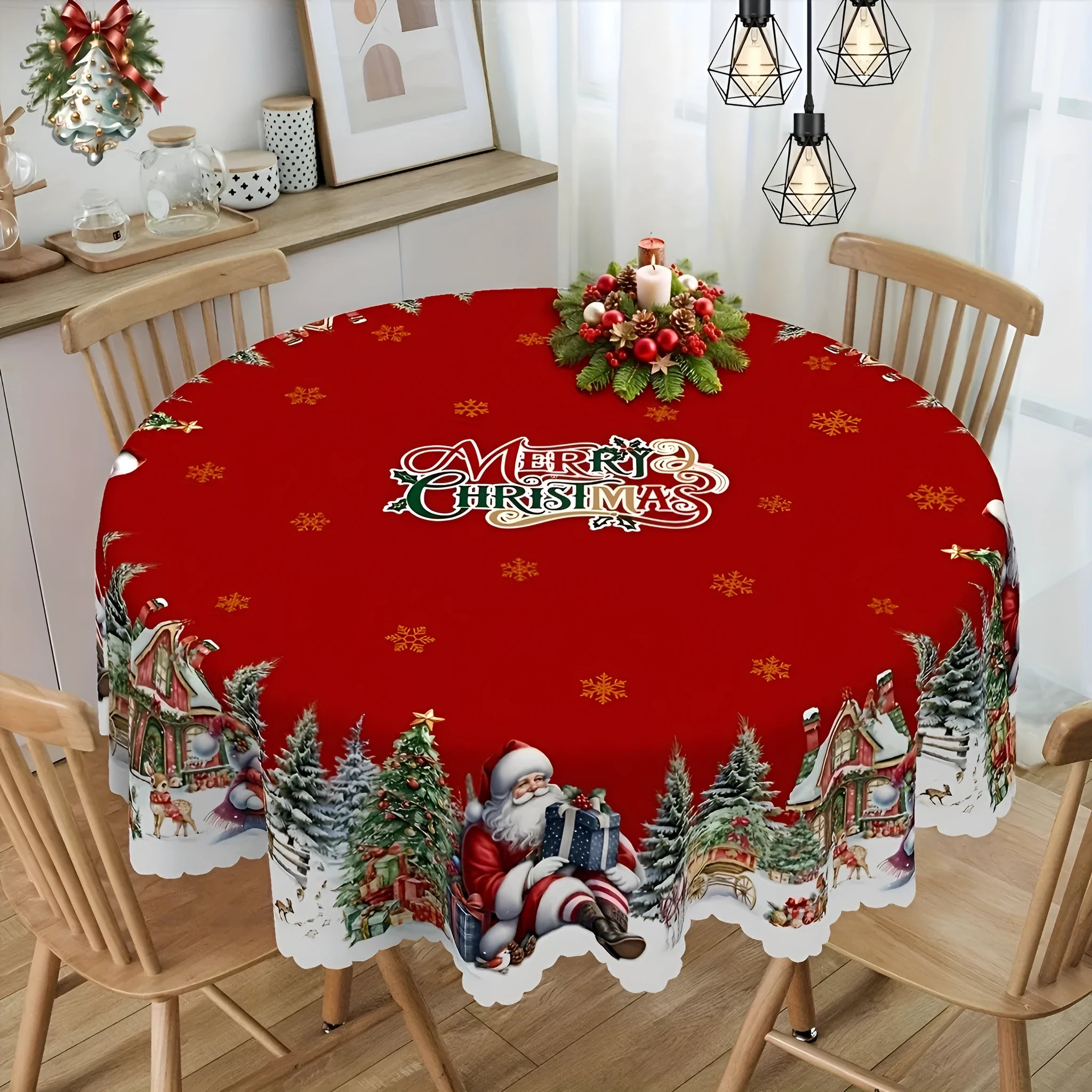 Round polyester Christmas tablecloth with snowflake and Santa print, 152cm diameter, non-slip and heat resistant