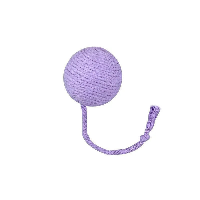 Colourful cat toy ball with attached rope, internal bell makes sound when rolled
