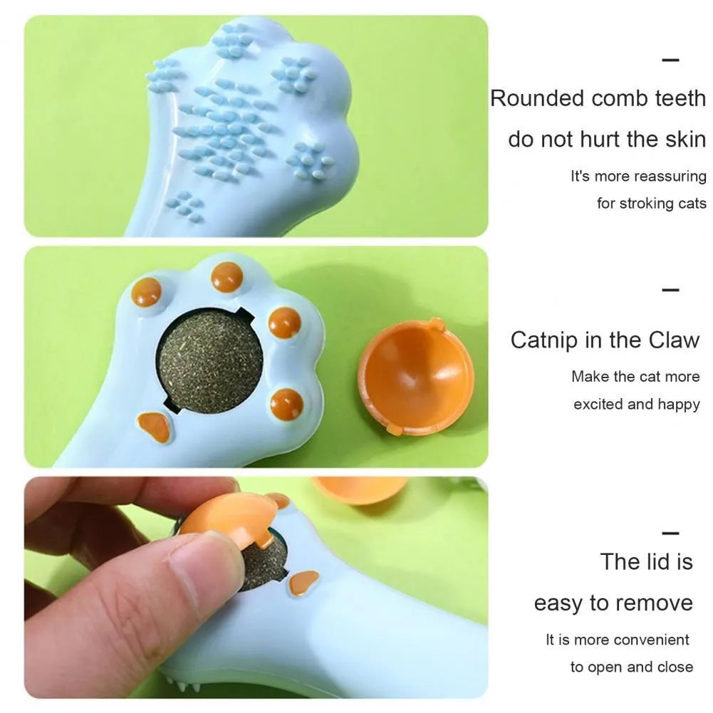 Cartoon design cat massage comb toy with catnip compartment and dangling elements for dental care