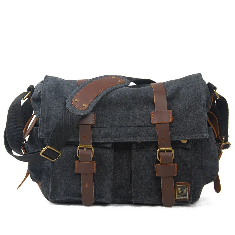 Men's canvas crossbody shoulder bag with cowhide trim in retro styling showing flap closure and single strap