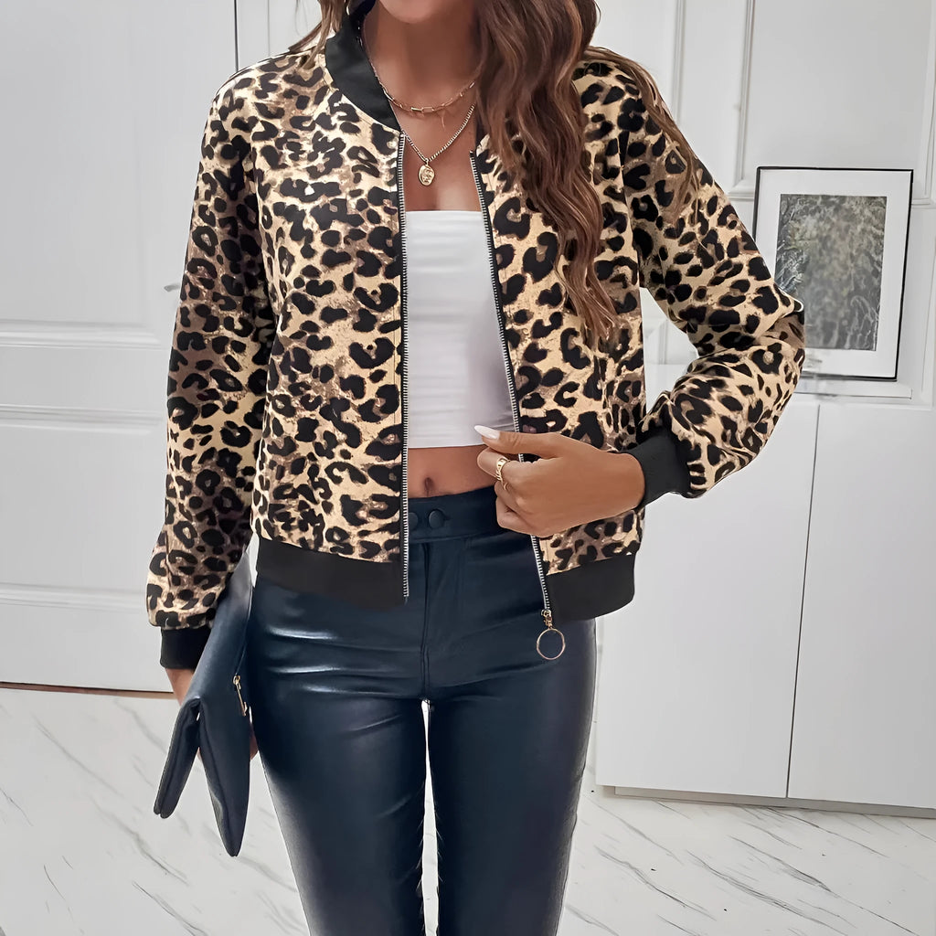 Women's leopard print polyester jacket with long sleeves, medium thickness