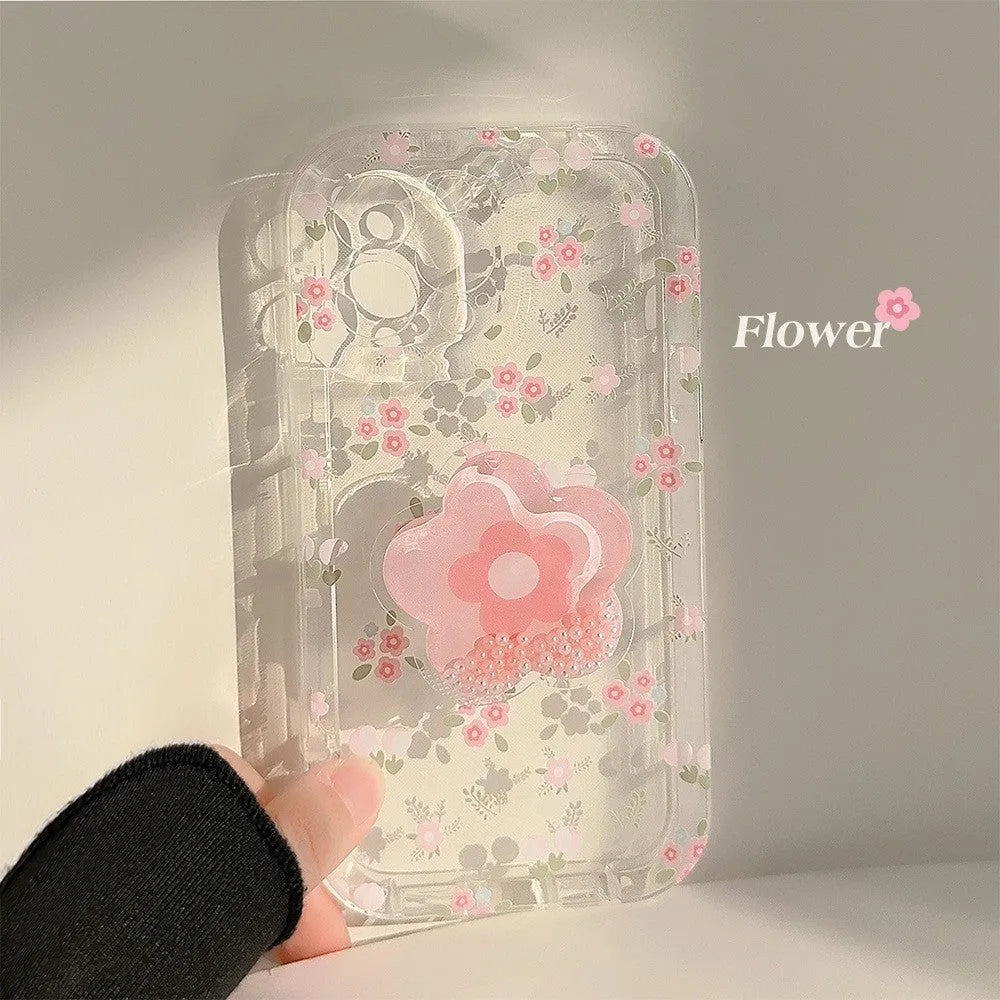 Floral TPU phone case with quicksand bracket for iPhone, transparent painted design in blue and yellow options