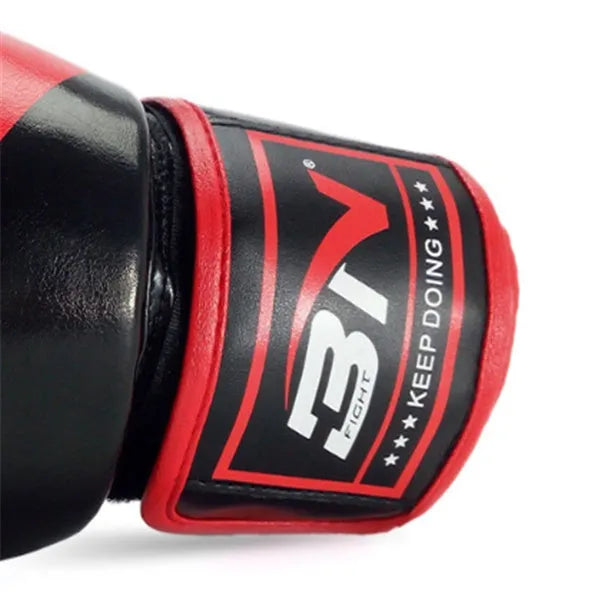 Adult boxing gloves in PU, shown in red, blue, white, pink and orange, with sizes 8OZ, 10OZ and 12OZ
