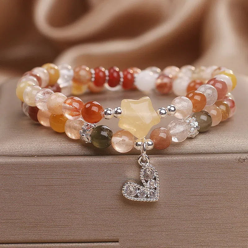 Natural crystal double ring bracelet with red hair crystal design for women