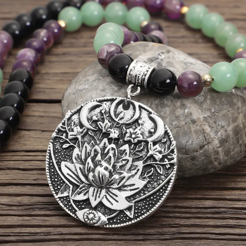 Yoga lotus pendant necklace and bracelet set with handmade stone beads on alloy chain