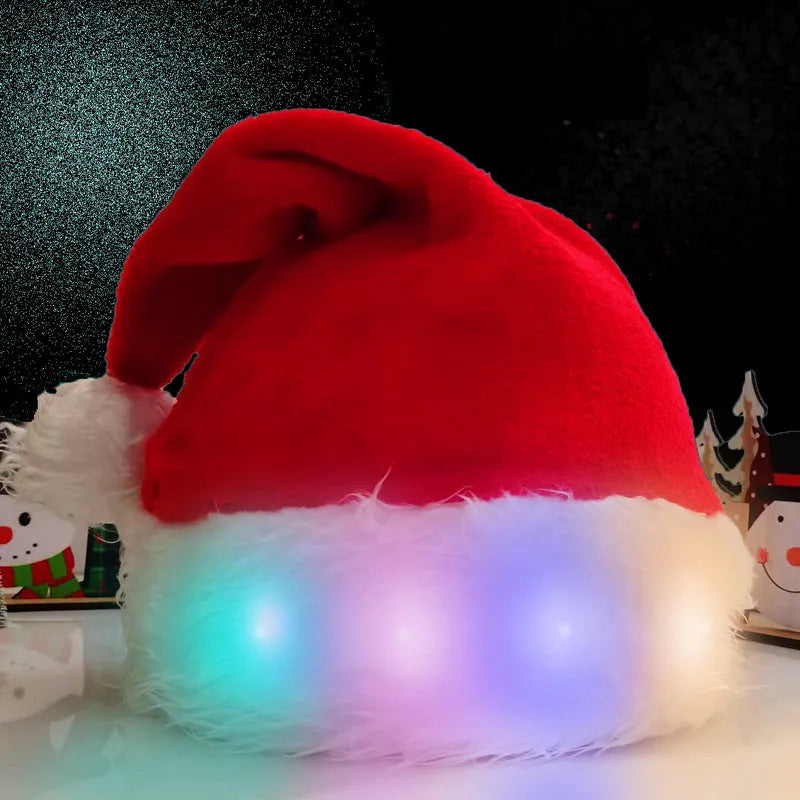Red and white plush Santa hat with 20 multicolour LED lights glowing around its base and a white pom pom.