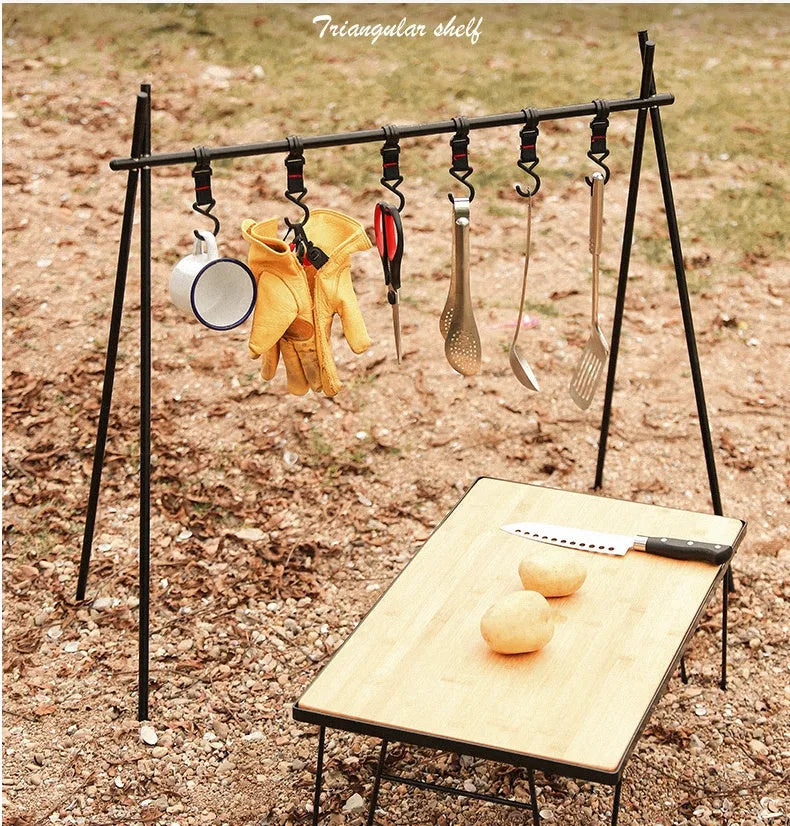Aluminium alloy foldable camping clothes drying rack with triangle frame and multiple hooks