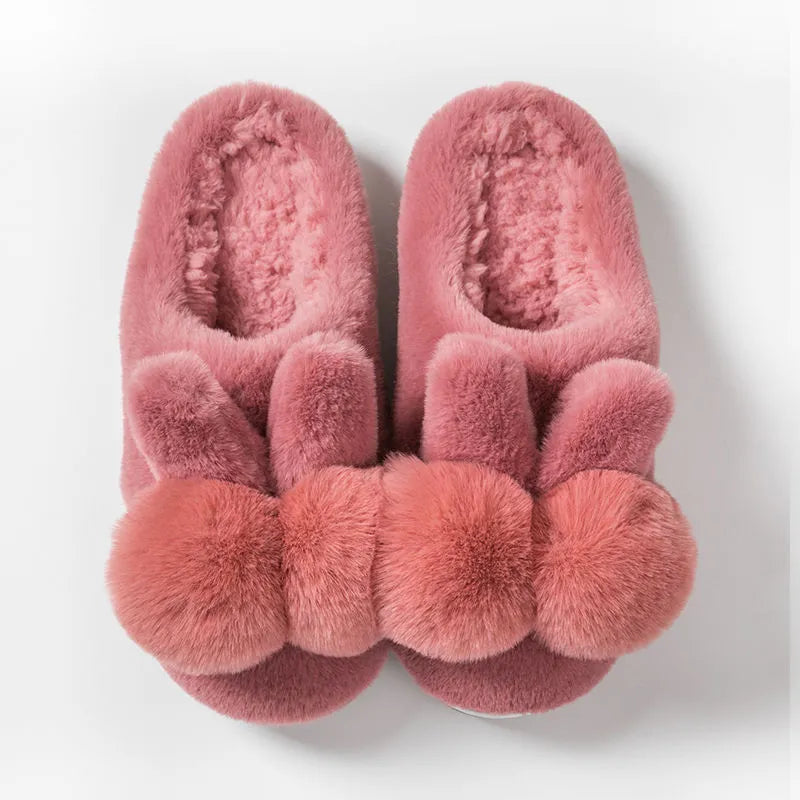 Women's bunny fluffy slippers with rabbit fur upper and floral pattern in winter colours
