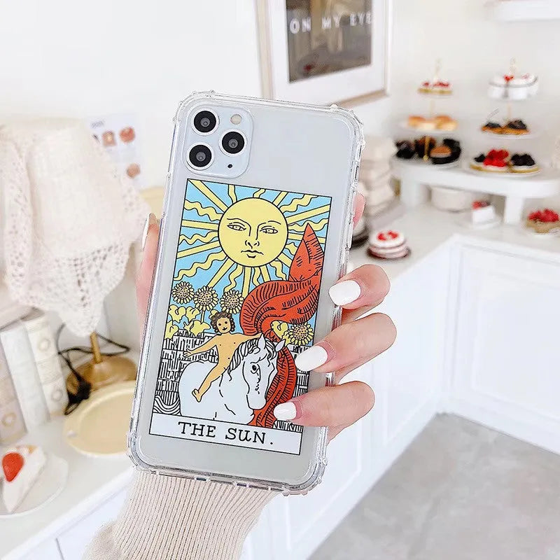 Retro cartoon graffiti design iPhone case showing sun and moon colour options on a silicone back cover.