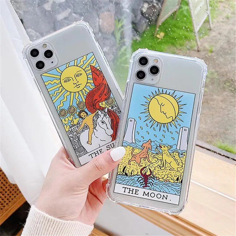 Retro cartoon graffiti design iPhone case showing sun and moon colour options on a silicone back cover.