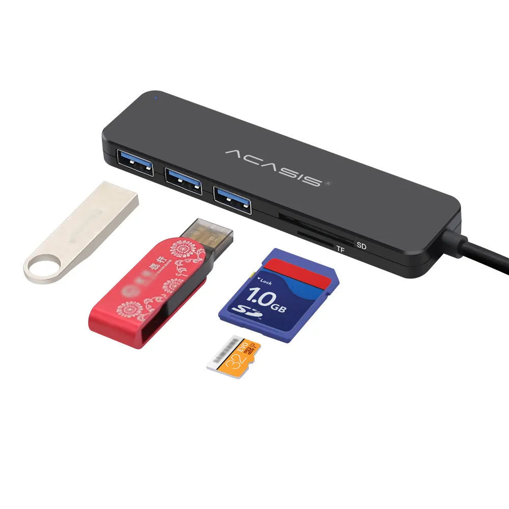 Black USB hub card reader with cable, 5Gbps, for USB 2.0/3.0