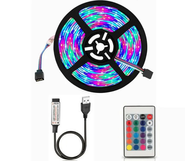 Flexible one-metre long USB LED light strip emitting blue light, coiled next to its USB power cable.