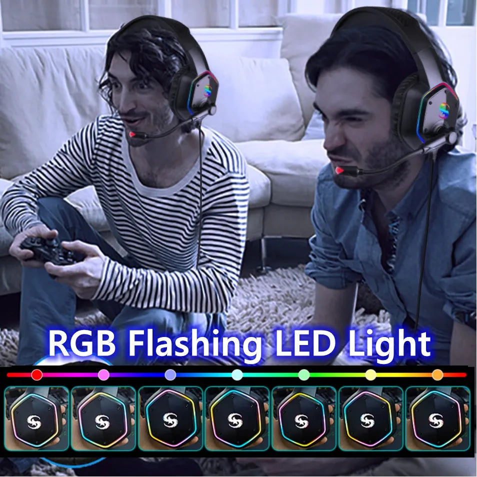 Black gaming headset with 3D surround sound, noise cancelling microphone, 50mm driver, and colourful lights.