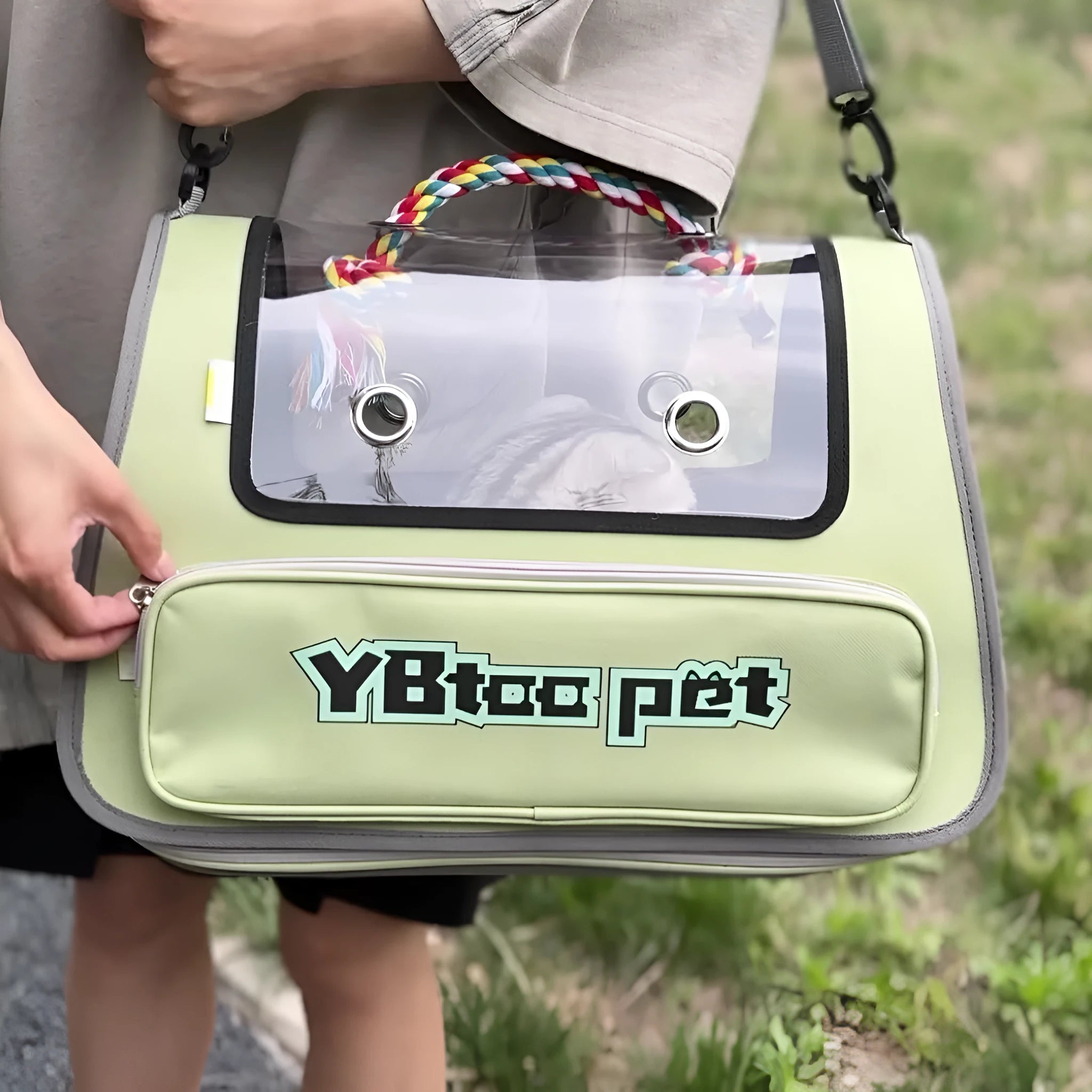 Portable transparent visual pet bag in blue with large capacity and foldable Oxford cloth design for pet travel