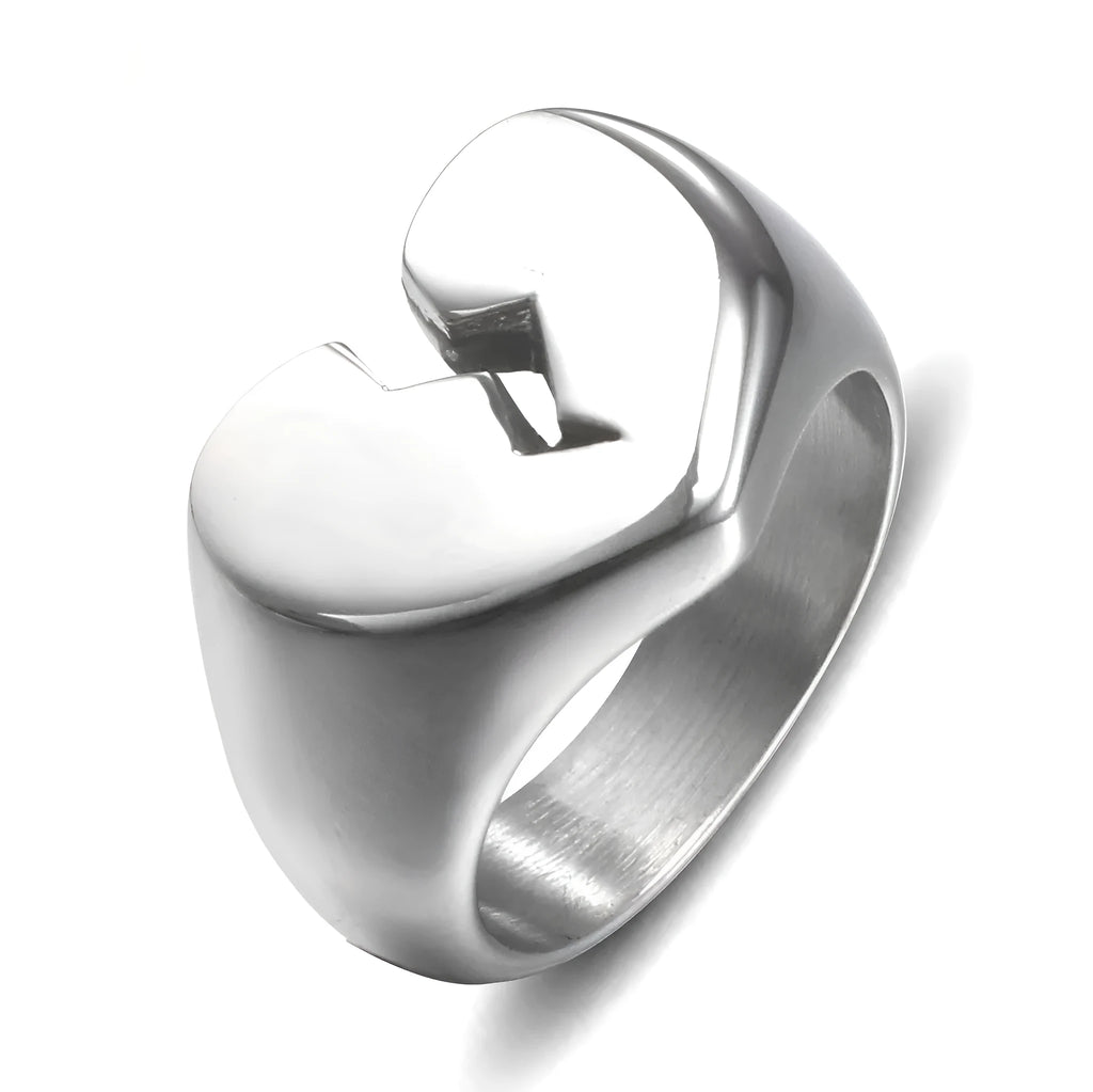 Heart-shaped polished titanium steel ring with Guanyin and auspicious clouds, unisex, sizes 5-10