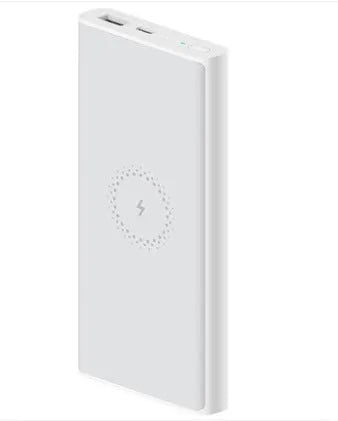 White and Black coloured 10000mAh portable power bank with wireless charging pad and USB ports.
