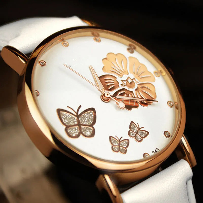 Fashion ladies quartz watch with rhinestone belt, 38mm white dial, luminous hands, and spiral crown, available with black strap