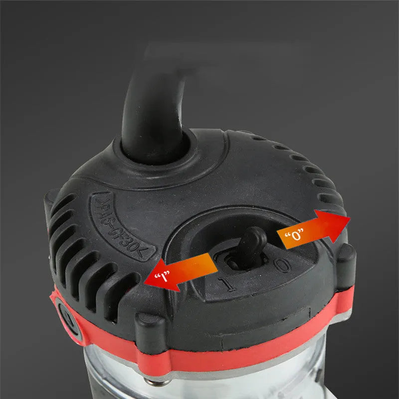 800W electric wood polishing trimmer with aluminium body on a workshop bench.
