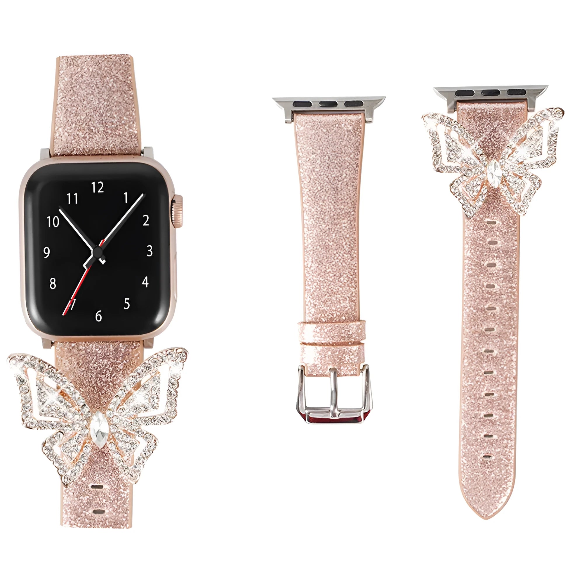 Glitter diamond butterfly pattern on a leather watch strap for Apple Watch