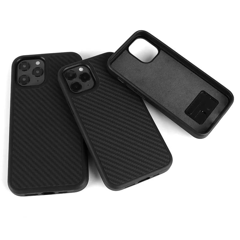 Black wooden phone case for Apple iPhone with TPU and Kevlar construction showing back cover design