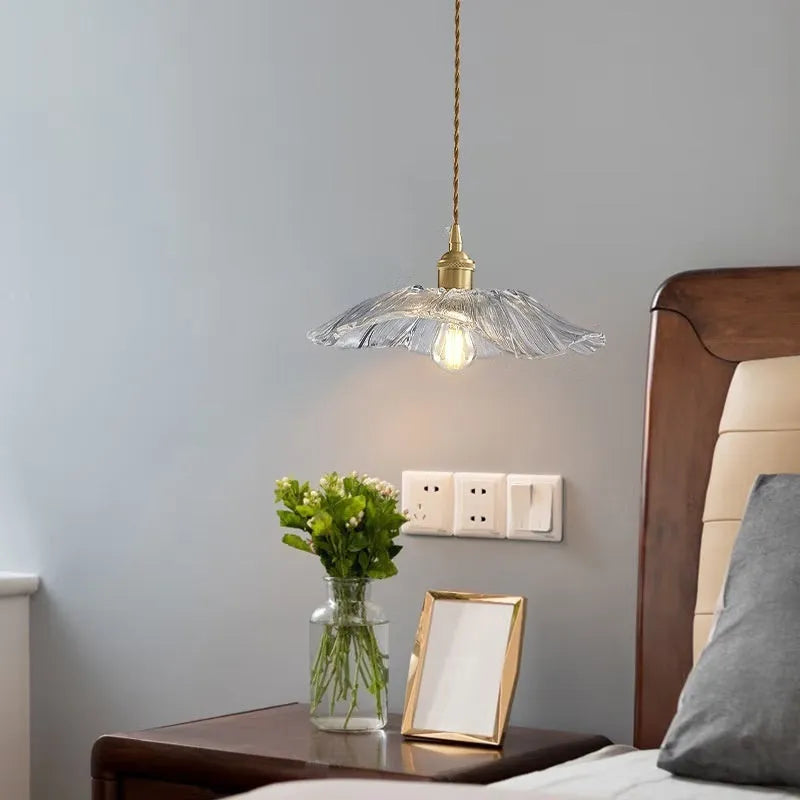 Nordic-style lotus leaf shaped glass lampshade LED light with iron body, shown as ceiling and pendant light.