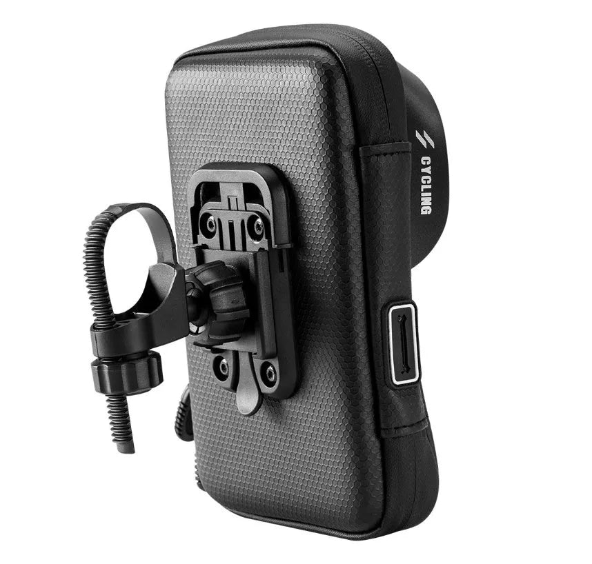 Black bicycle handlebar bag with transparent touch screen phone mount and rotating base mounted on a bike