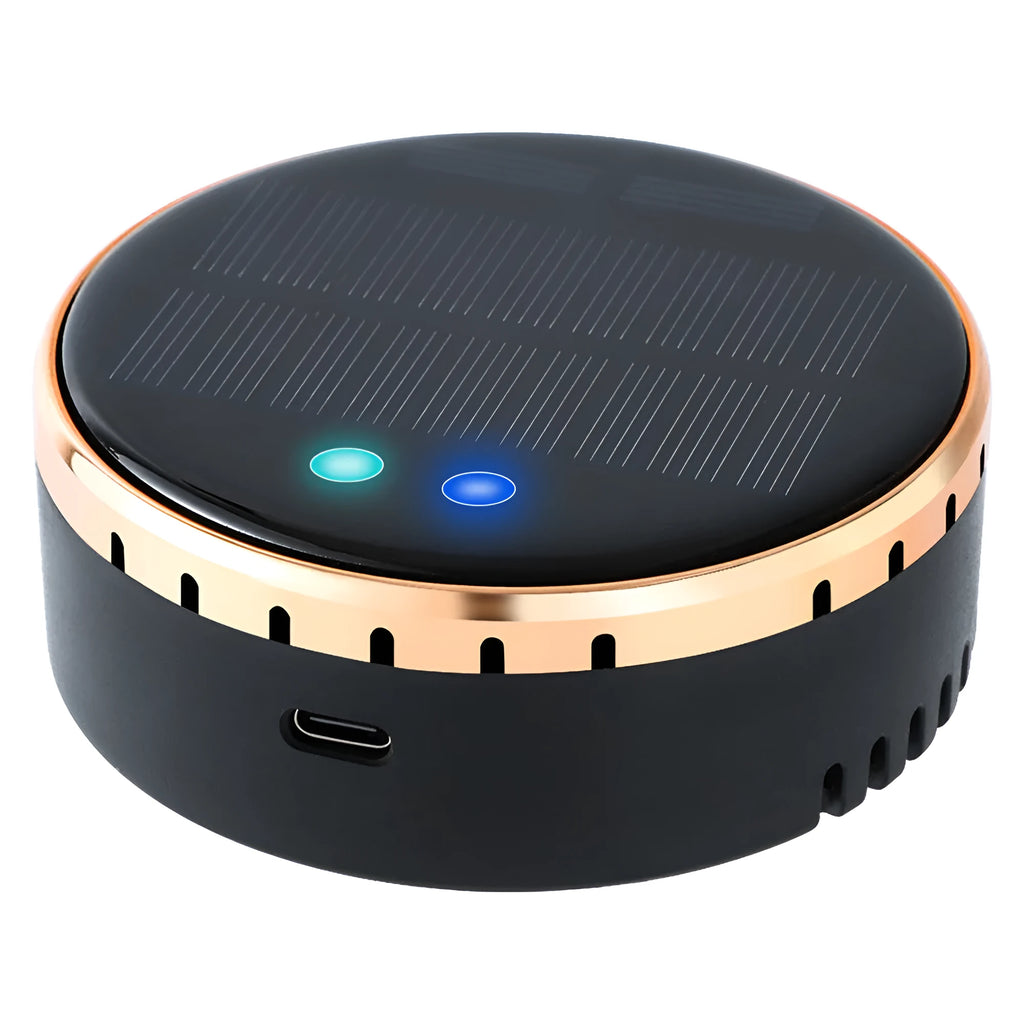 Black solar-powered car air humidifier mounted on a vehicle air vent.