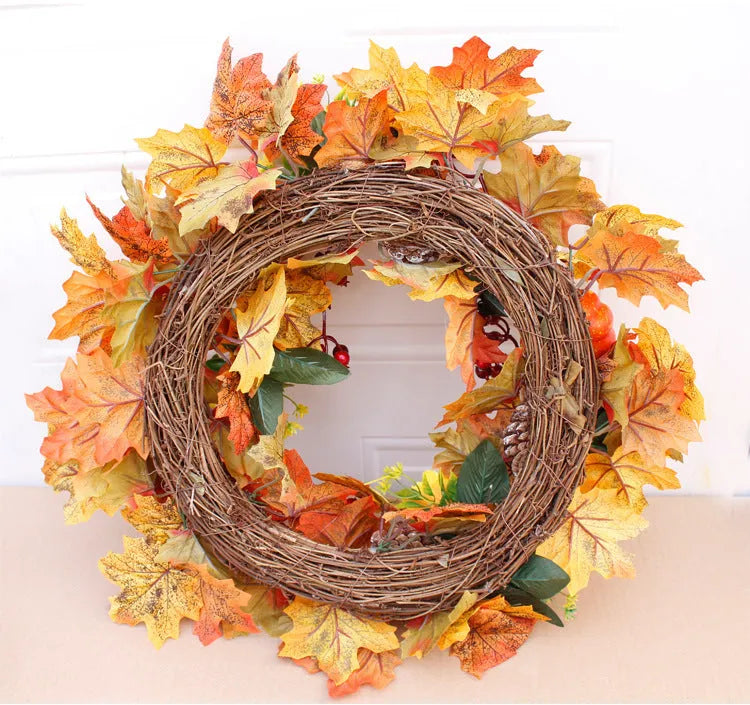 Autumn pumpkin wreath with fabric leaves, simulation pumpkins, berries, and pine cones on a vine ring, 50cm diameter
