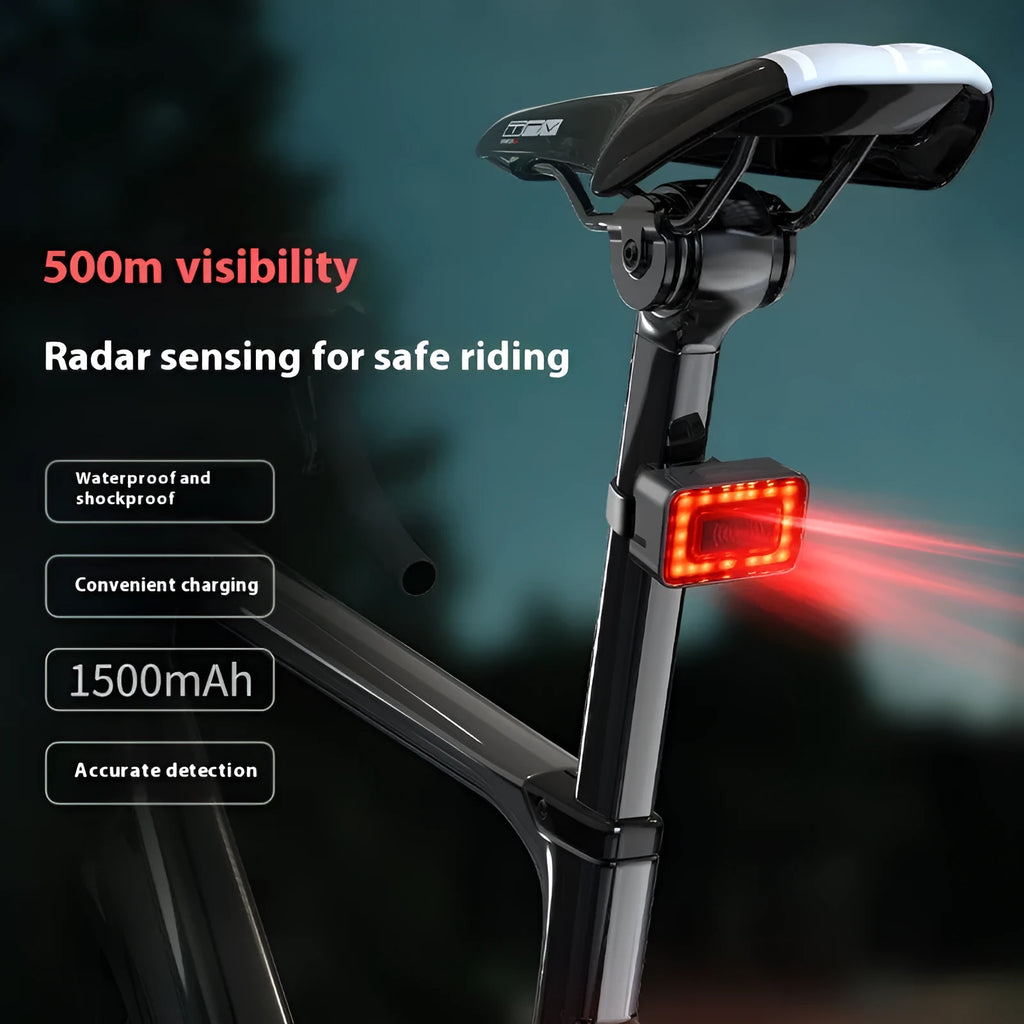 Smart radar detection bicycle tail light with double bracket mount showing Type-C charging port