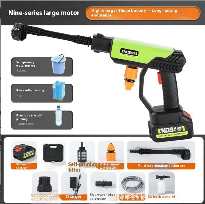 Green wireless high-pressure water gun with metal nozzle and multiple attachments on a table