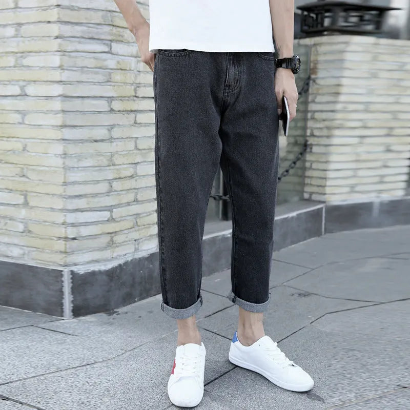 Men's black loose straight-leg harem jeans with light straight opening on cotton fabric