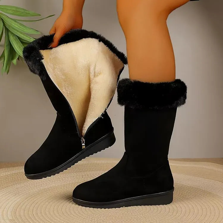 Fleece-lined thickened mid-calf waterproof platform snow boots in black, side view