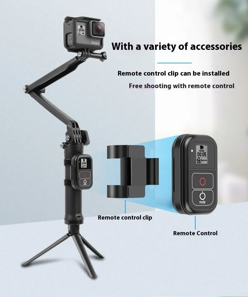Black portable folding tripod stand for GoPro Hero action cameras.
