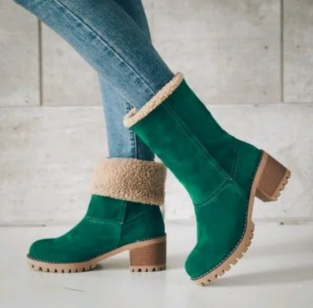 Women's thick-soled suede snow boots with mid-tube height and round toe