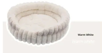 Round plush cat bed in 40cm, 50cm, or 60cm diameter with 15cm height, available in white, grey, pink, and khaki.