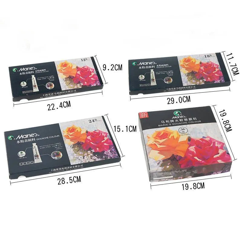 Gouache paint set showing tubes in a box, available in 12, 18, or 24 colour options.