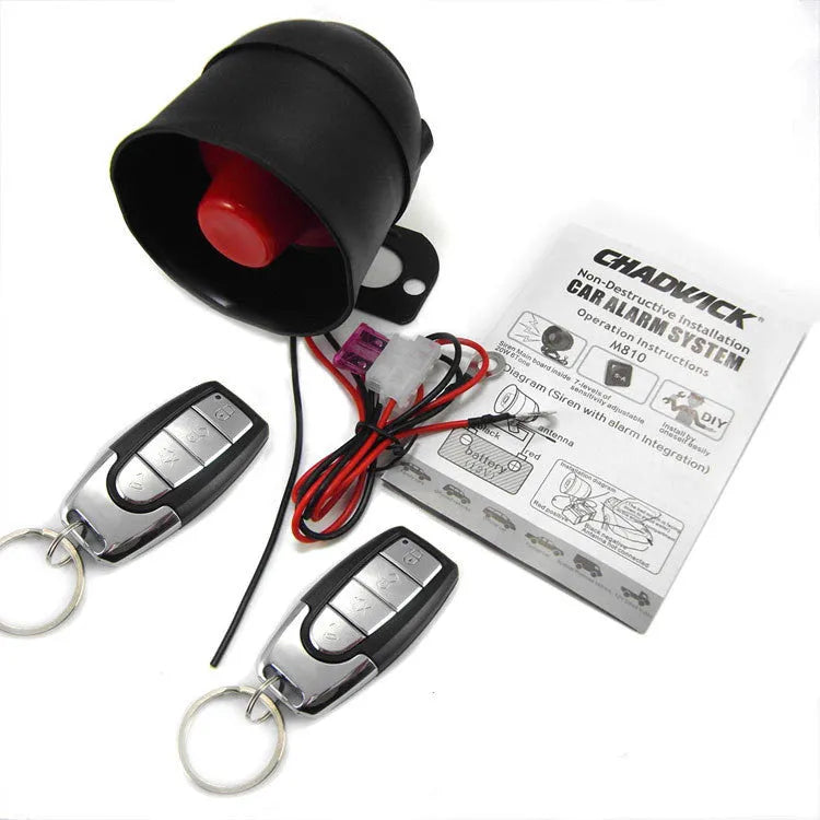 One-way silent car alarm with integrated host speaker and two remote controls for 12V DC vehicles
