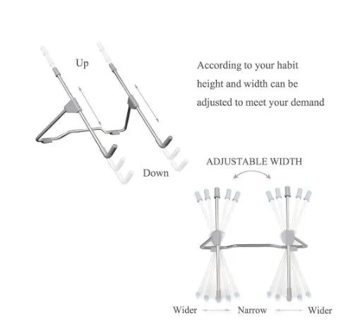 Grey aluminium alloy and engineering plastic foldable mobile phone and laptop stand on a desk.
