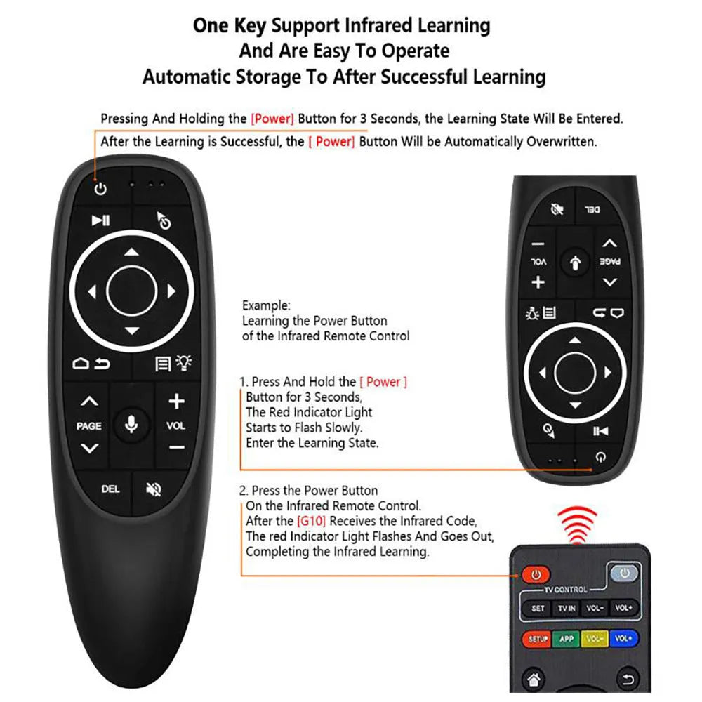 G10 G10S intelligent voice remote control with plastic shell and silicone buttons for Android and PC.