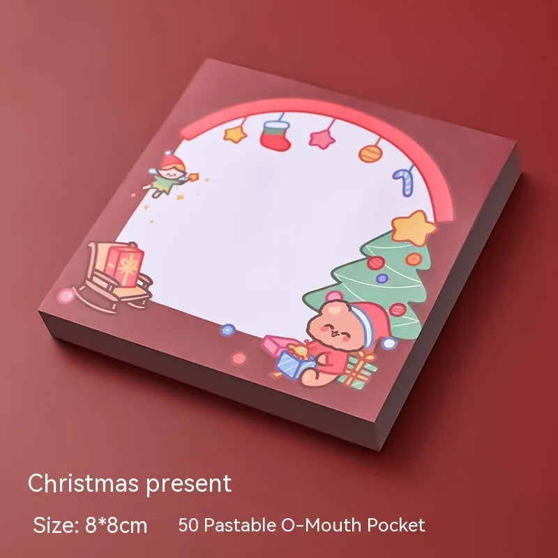 Christmas cartoon sticky notes pad with Santa, snowman, elf, gift, sled, house, bear and crystal ball designs
