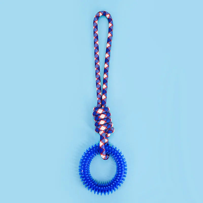 Blue braided rope knot dog toy showing knotted design and textured surface