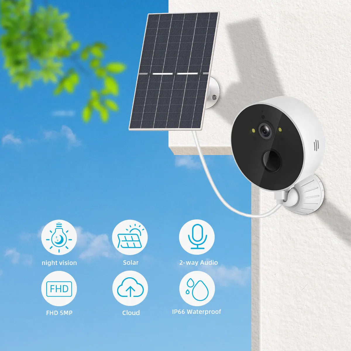 Solar-powered outdoor security camera with 1080P resolution and separate solar panel