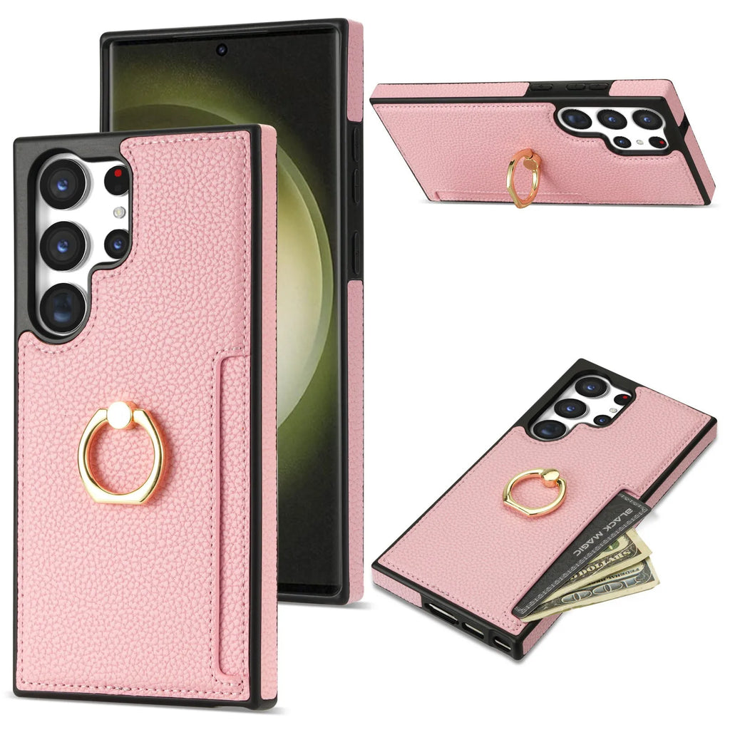Litchi pattern fastened ring card wallet phone case for Samsung with shockproof frosted TPU PU finish, black colour