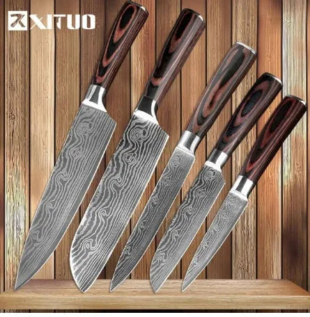 7Cr17 stainless steel chef knife with 18cm blade, laser Damascus pattern, and coloured wood handle