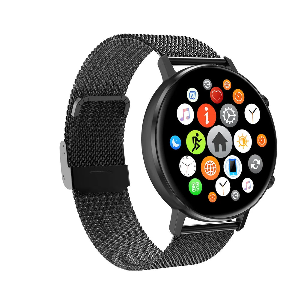 DT96 smart bracelet with metallic strap shown in black, rose gold, and silver colour options.