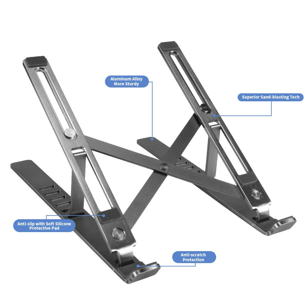 Silver aluminium alloy portable laptop stand with six-gear adjustment folded on a desk