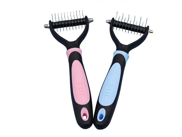 Blue pet dematting comb with stainless steel teeth and soft handle for dogs and cats