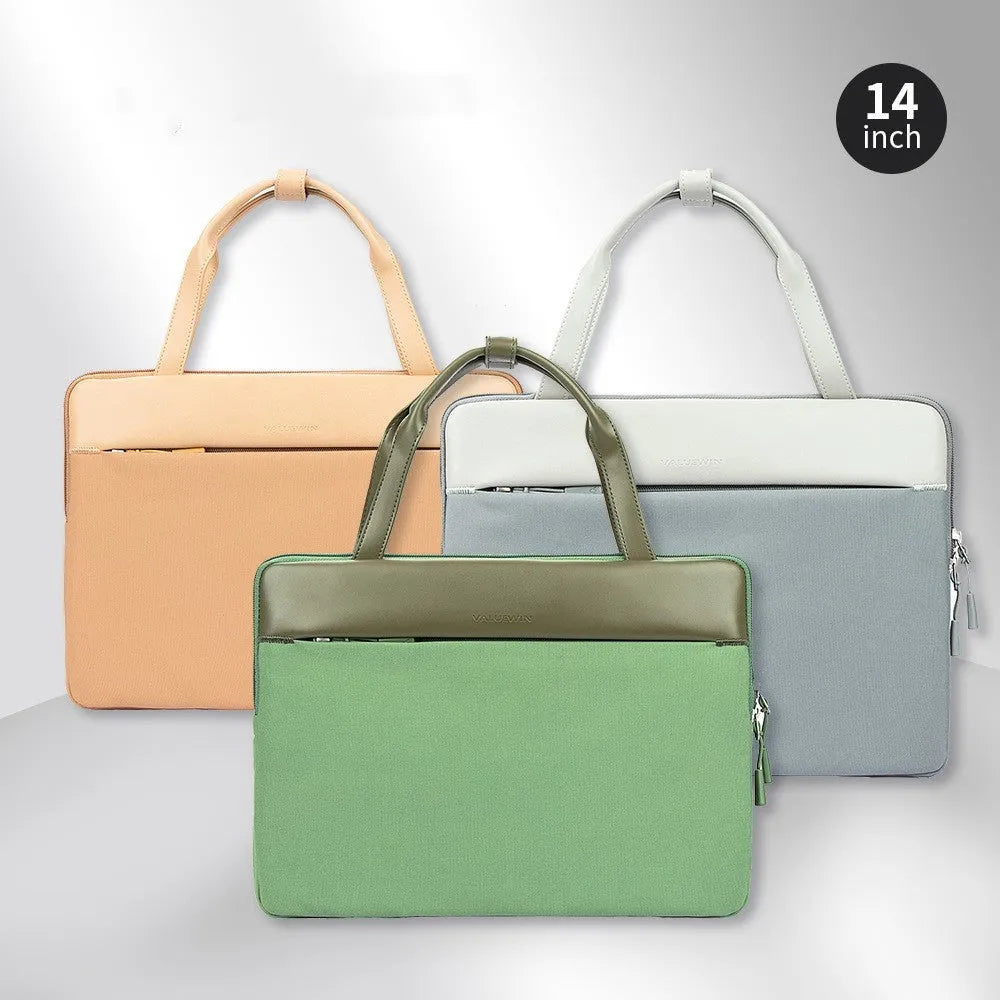Green polyester laptop bag for 14.2 inch devices with soft handle and zipper pocket