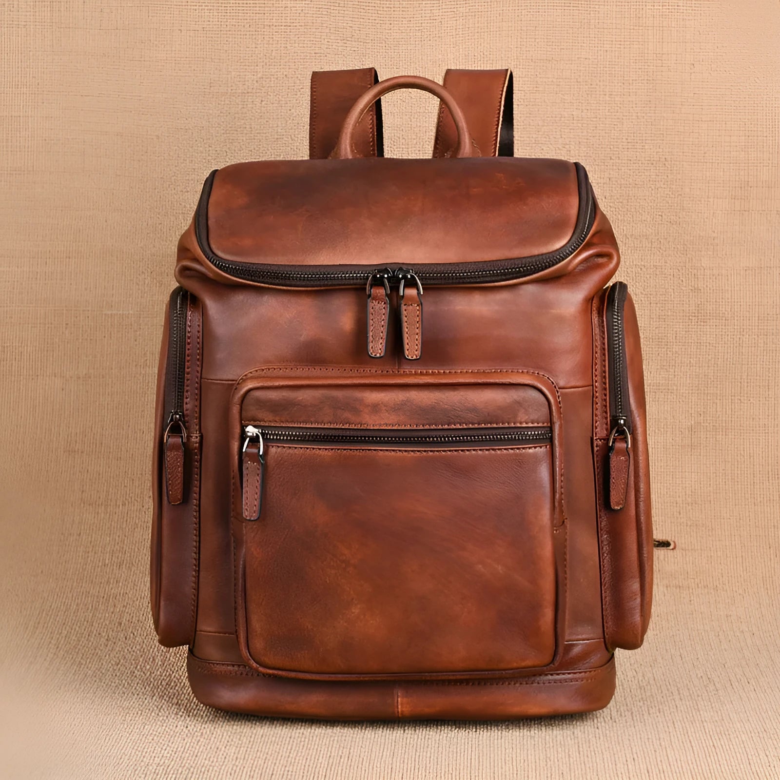 Genuine retro double-layer cowhide backpack for men, light brown, 14-inch size, patchwork style