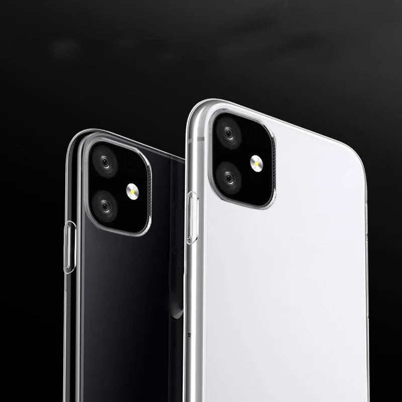 Transparent flexible TPU soft shell case on an iPhone, showing slim profile and full phone visibility.